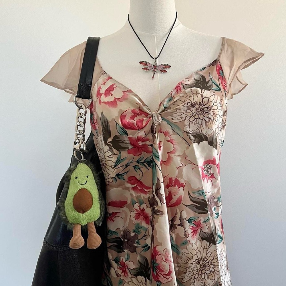 Vintage 90s tan and pink princess sheer ruffle sleeve slip dress